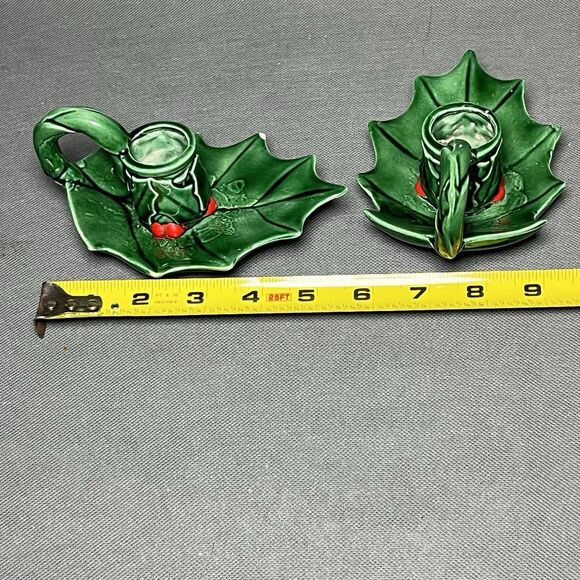 Vintage Antique Christmas Holly Berries Green Candle Stick Holders Holiday Decor - Picture 4 of 13